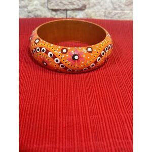 Vintage Hippie‎ WOOD BANGLE Orange w/ Pink Flowers Polka Dots - Boho Bracelet